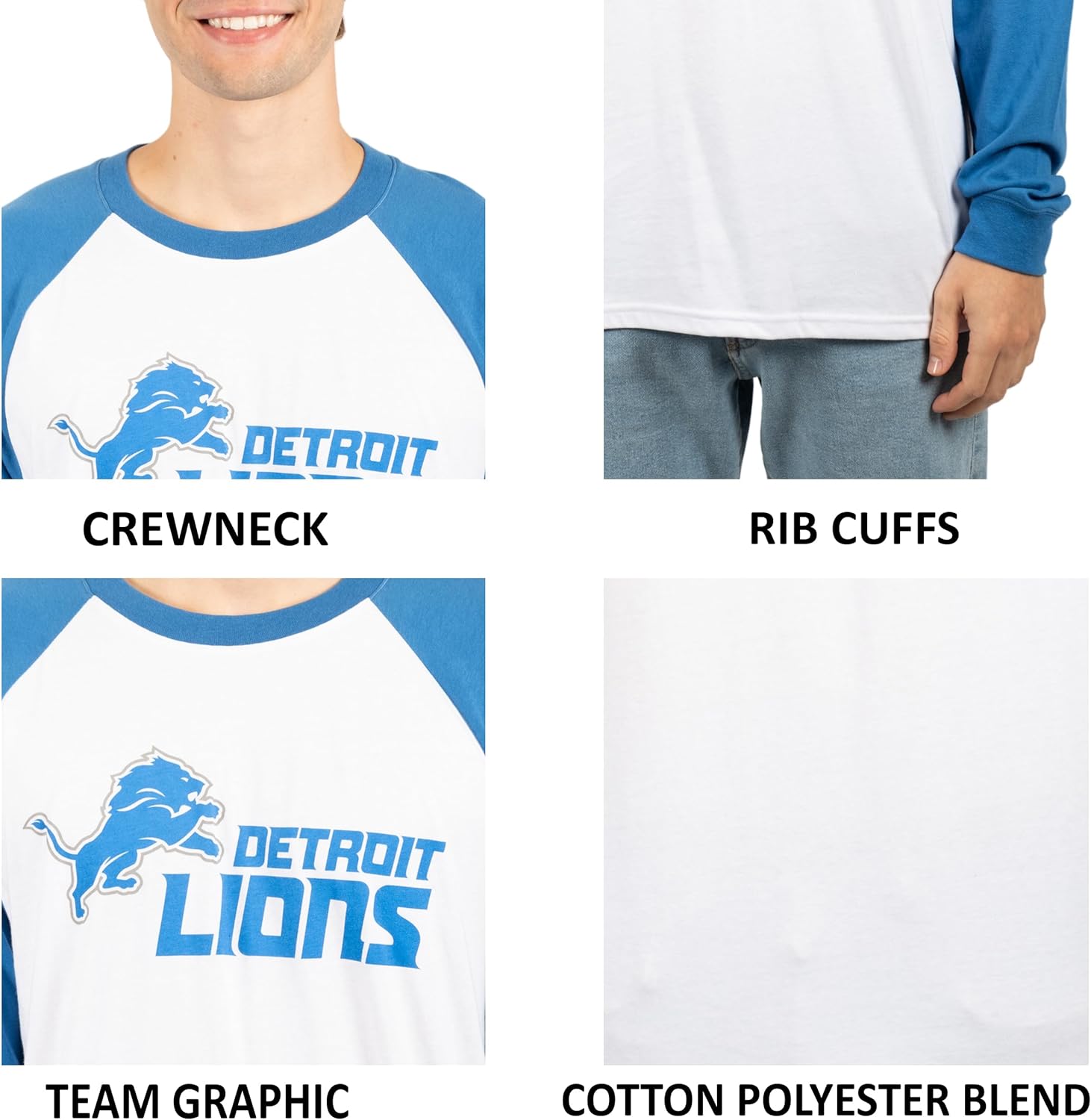 Ultra Game NFL Mens Super Soft Raglan Baseball Long Sleeve T-Shirt| Detroit Lions