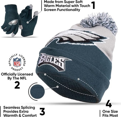 NFL Official Youth Super Soft Winter Beanie Knit Hat With Extra Warm Touch Screen Gloves|Philadelphia Eagles