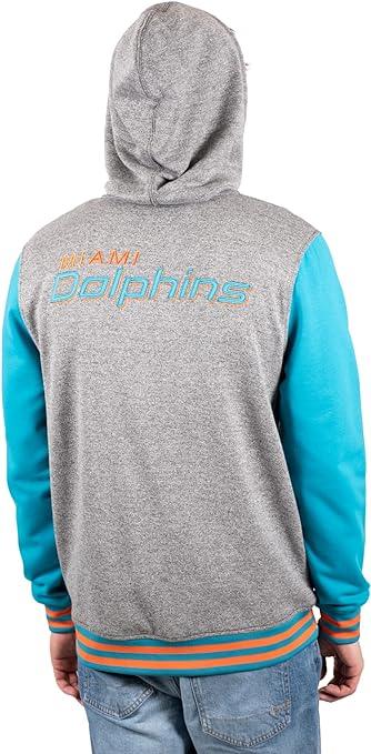 Ultra Game NFL Miami Dolphins Mens Full Zip Soft Fleece Letterman Varsity Jacket Hoodie|Miami Dolphins - UltraGameShop