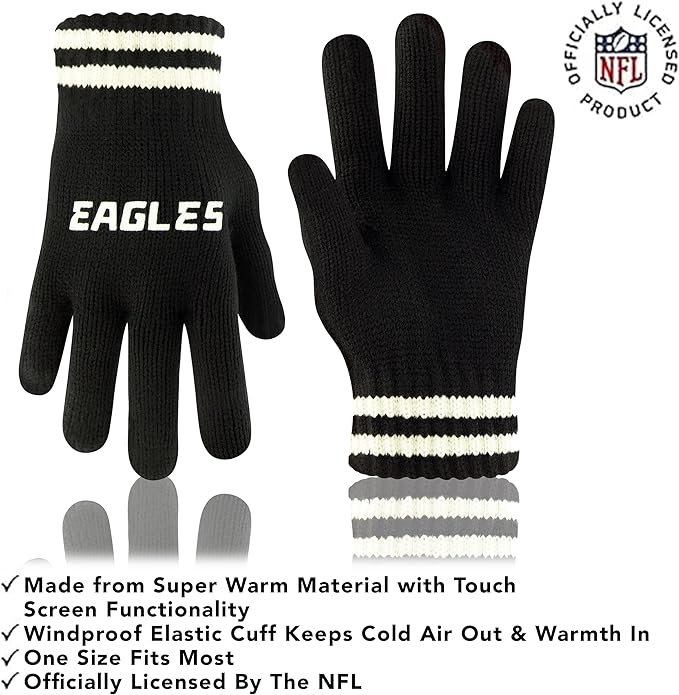 NFL Official Adults Super Soft Cable Knit Winter Beanie Knit Hat with Extra Warm Touch Screen Gloves|Philadelphia Eagles