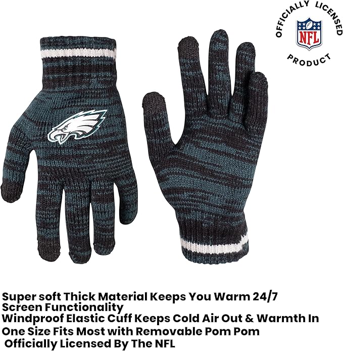 NFL Official Super Soft Marl Knit Winter Beanie Knit Hat with Extra Warm Touch Screen Gloves|Philadelphia Eagles