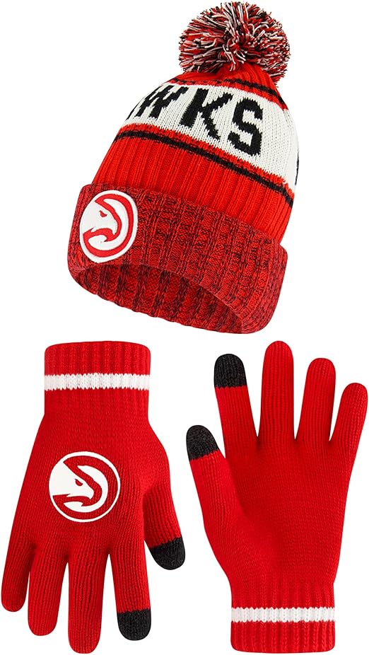 Ultra Game NBA Official Men's Super Soft Winter Beanie Knit Hat With Extra Warm Touch Screen Gloves - Unisex, Atlanta Hawks, Team Color, 1SIZE|Atlanta Hawks