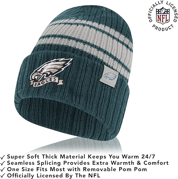 NFL Womens Super Soft Team Stripe Winter Beanie Knit Hat with Extra Warm Touch Screen Gloves|Philadelphia Eagles