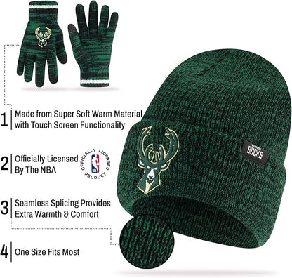 Ultra Game NBA Official Men's Super Soft Winter Beanie Knit Hat with Extra Warm Touch Screen Gloves, Milwaukee Bucks, Team Color|Milwaukee Bucks