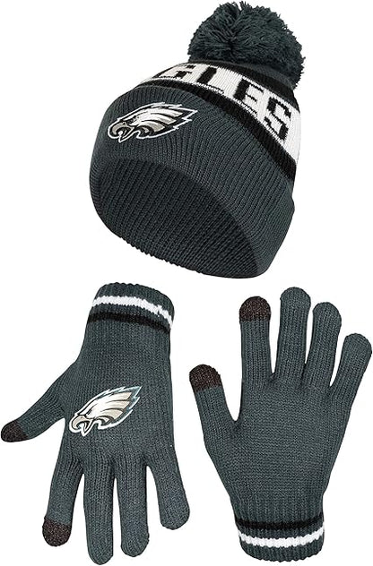 NFL Official Youth Super Soft Winter Beanie Knit Hat With Extra Warm Touch Screen Gloves|Philadelphia Eagles