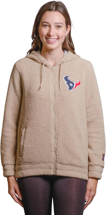 Ultra Game NFL Official Women's Super Soft Sherpa Full Zip Hoodie Sweatshirt Jacket, Houston Texans, Sand|Houston Texans