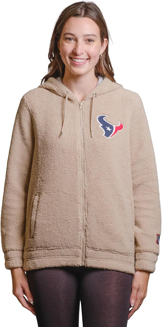 Ultra Game NFL Official Women's Super Soft Sherpa Full Zip Hoodie Sweatshirt Jacket, Houston Texans, Sand|Houston Texans