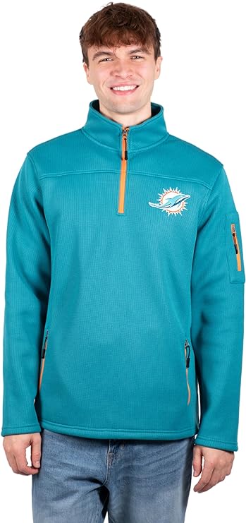 Ultra Game Men's Quarter-Zip Fleece Pullover Sweatshirt with Zipper Pockets Miami Dolphins