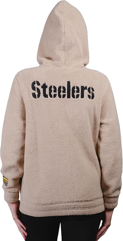 Ultra Game NFL Official Women's Super Soft Sherpa Full Zip Hoodie Sweatshirt Jacket, Pittsburgh Steelers, Sand|Pittsburgh Steelers