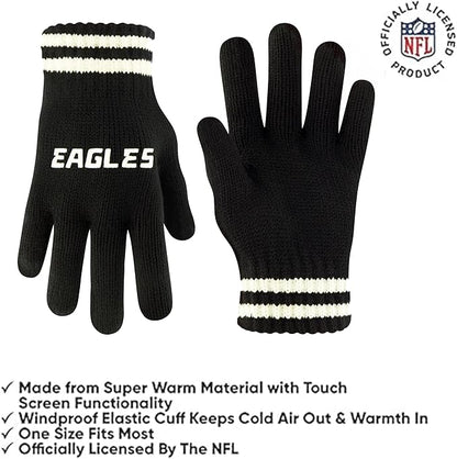 NFL Official Youth Super Soft Cable Knit Winter Beanie Knit Hat with Extra Warm Touch Screen Gloves|Philadelphia Eagles