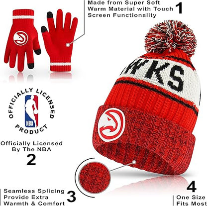 Ultra Game NBA Official Men's Super Soft Winter Beanie Knit Hat With Extra Warm Touch Screen Gloves - Unisex, Atlanta Hawks, Team Color, 1SIZE|Atlanta Hawks