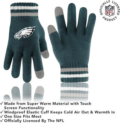 NFL Womens Super Soft Team Stripe Winter Beanie Knit Hat with Extra Warm Touch Screen Gloves|Philadelphia Eagles