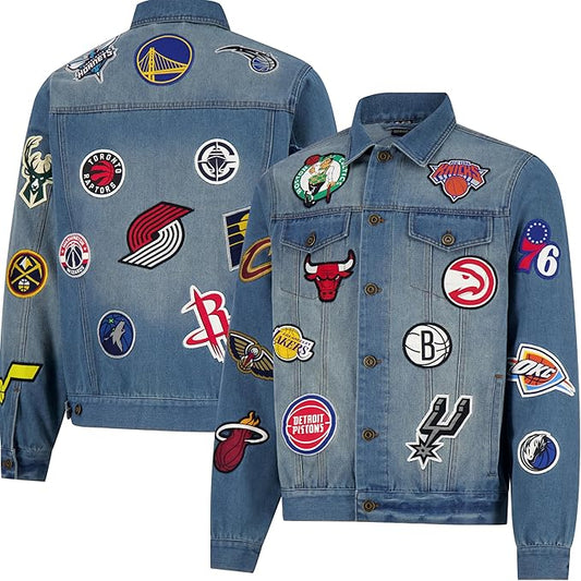 Ultra Game Men's NBA Official Distressed Multi-Team Denim Patch Jean Jacket, Multi Team, Denim|Multi Team