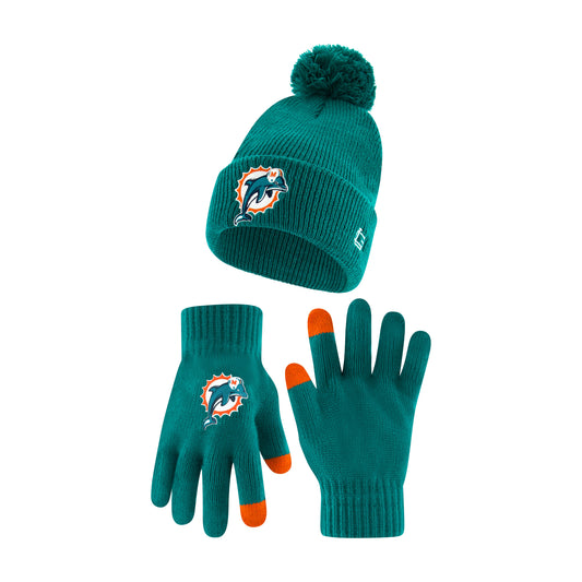 Ultra Game NFL Official Adults Super Soft Winter Beanie Knit Hat with Extra Warm Touch Screen Gloves, Miami Dolphins, Team Color, 1SIZE|Miami Dolphins