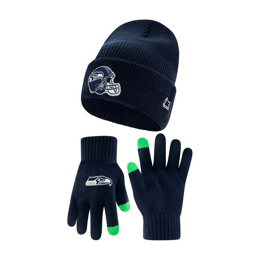 Ultra Game NFL Official Adults Super Soft Heritage Logo Winter Beanie Knit Hat with Extra Warm Touch Screen Gloves, Seattle Seahawks, Team Color, One Size|Seattle Seahawks