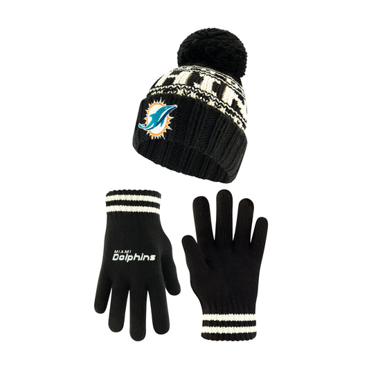 Ultra Game NFL Official Youth Super Soft Cable Knit Winter Beanie Knit Hat with Extra Warm Touch Screen Gloves, Miami Dolphins, Black, One Size|Miami Dolphins