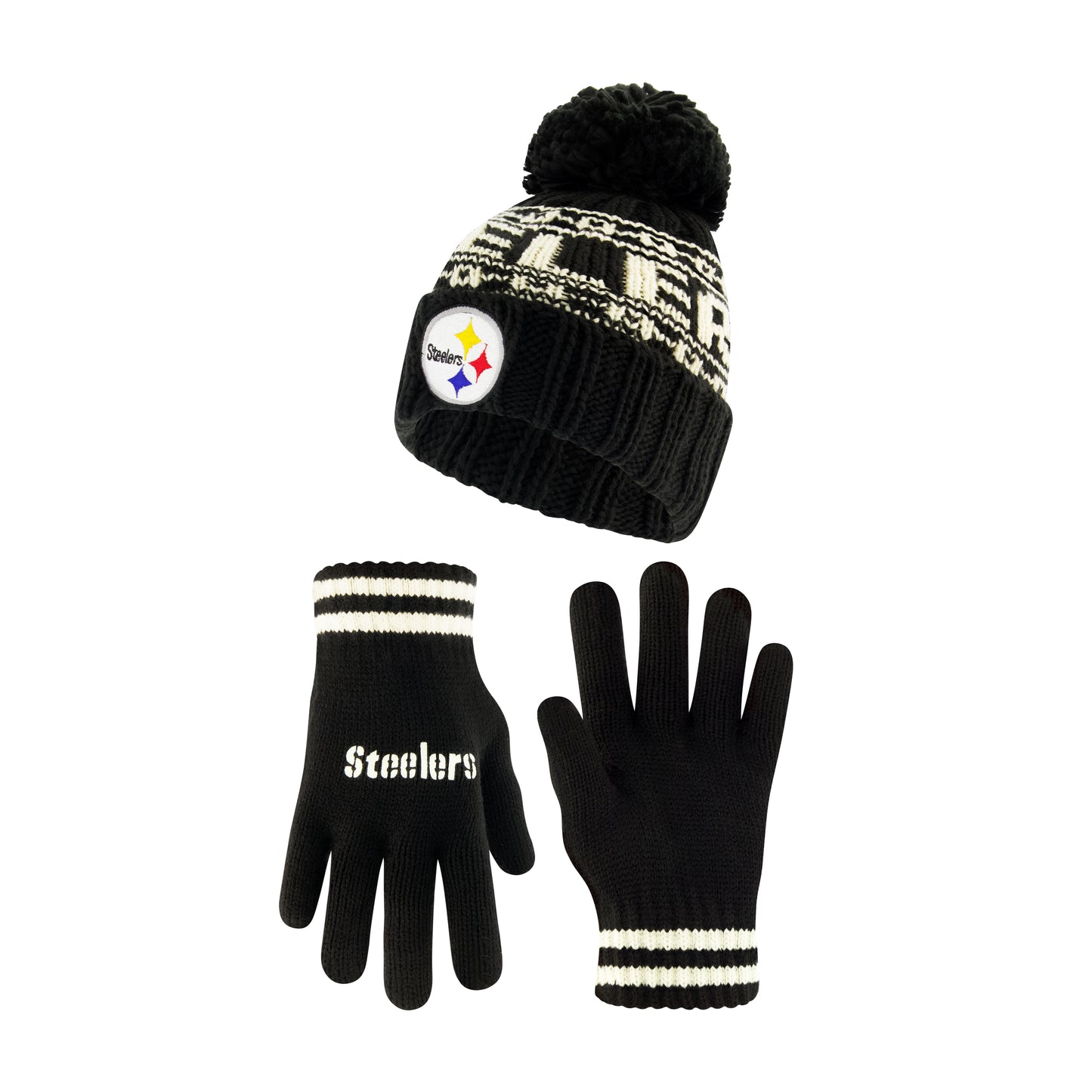 Ultra Game NFL Official Youth Super Soft Cable Knit Winter Beanie Knit Hat with Extra Warm Touch Screen Gloves, Pittsburgh Steelers, Black, One Size|Pittsburgh Steelers