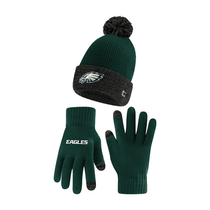 Ultra Game NFL Official Youth Super Soft Two Tone Winter Beanie Knit Hat with Extra Warm Touch Screen Gloves, Philadelphia Eagles, Team Color, One Size|Philadelphia Eagles