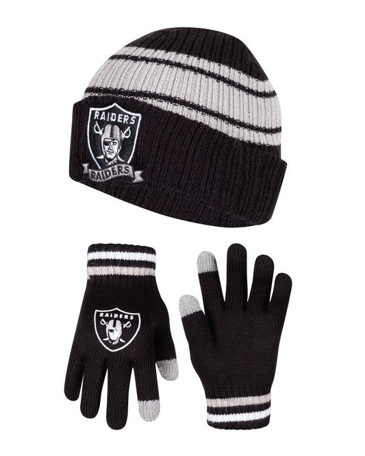 Ultra Game Youth NFL Official Super Soft Team Stripe Winter Beanie Knit Hat with Extra Warm Touch Screen Gloves|Las Vegas Raiders