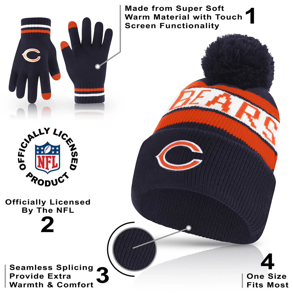 Ultra Game Adults NFL Official Super Soft Winter Beanie Knit Hat With Warm Touch Screen Gloves | Chicago Bears