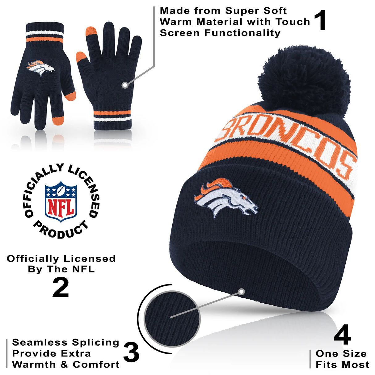 Ultra Game Adults NFL Official Super Soft Winter Beanie Knit Hat With Warm Touch Screen Gloves | Denver Broncos