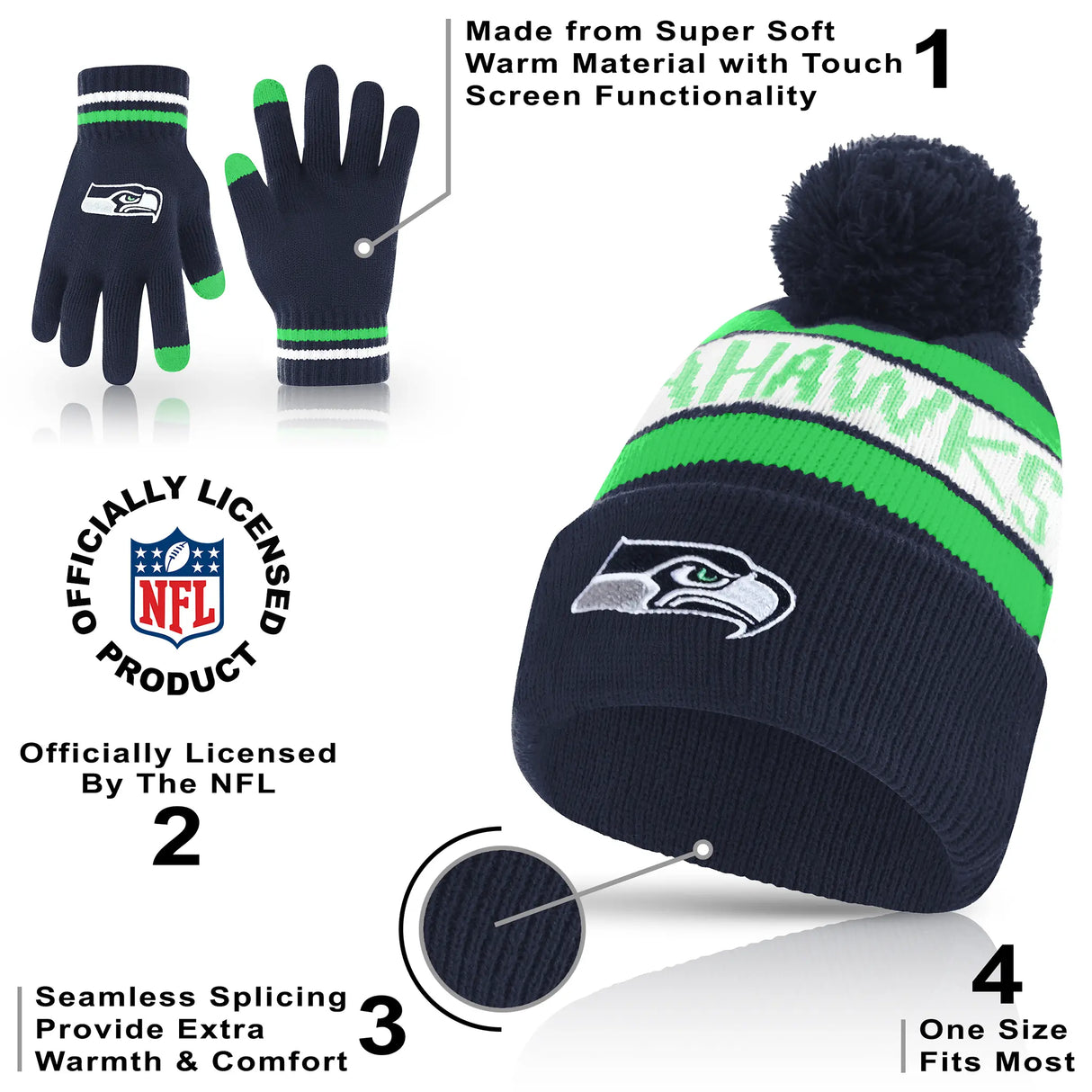 Ultra Game Adults NFL Official Super Soft Winter Beanie Knit Hat With Warm Touch Screen Gloves | Seattle Seahawks