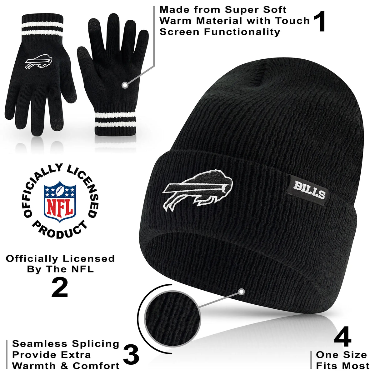 Ultra Game Adults NFL Official Super Soft Marled Winter Beanie Knit Hat With Warm Touch Screen Gloves | Buffalo Bills