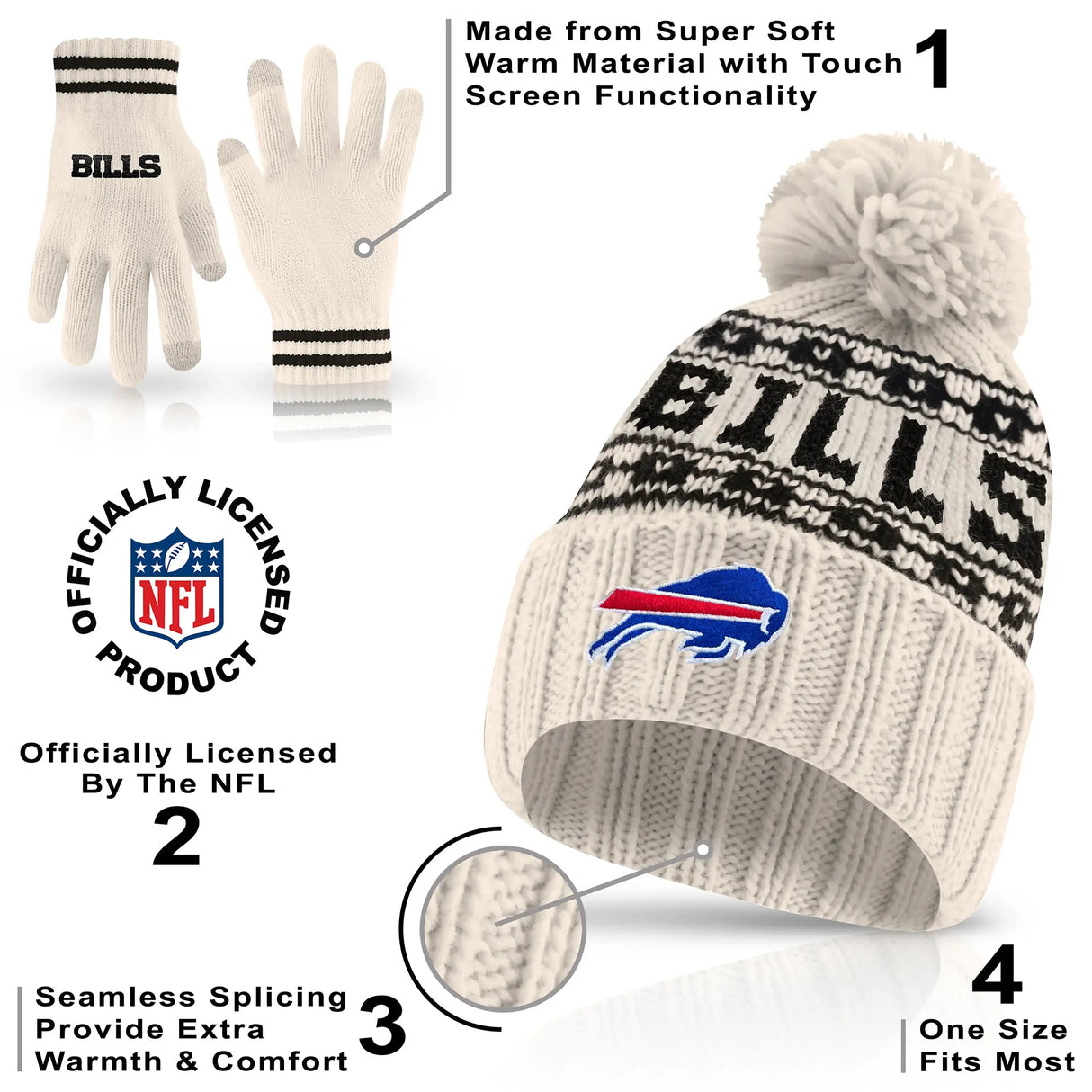 Ultra Game Adults NFL Official Super Soft Cable Knit Winter Beanie Knit Hat with Warm Touch Screen Gloves | Buffalo Bills