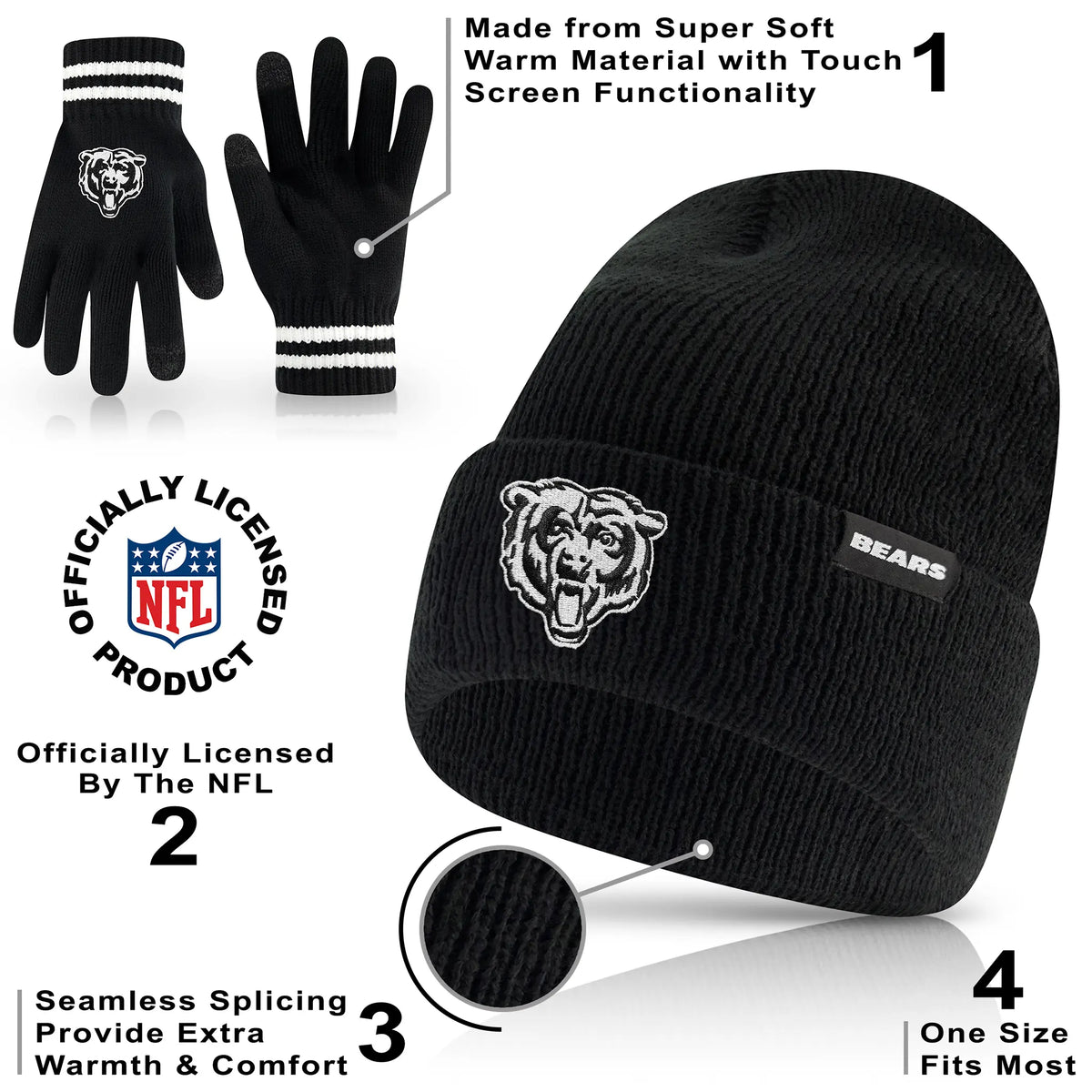 Ultra Game Adults NFL Official Super Soft Marled Winter Beanie Knit Hat With Warm Touch Screen Gloves | Chicago Bears