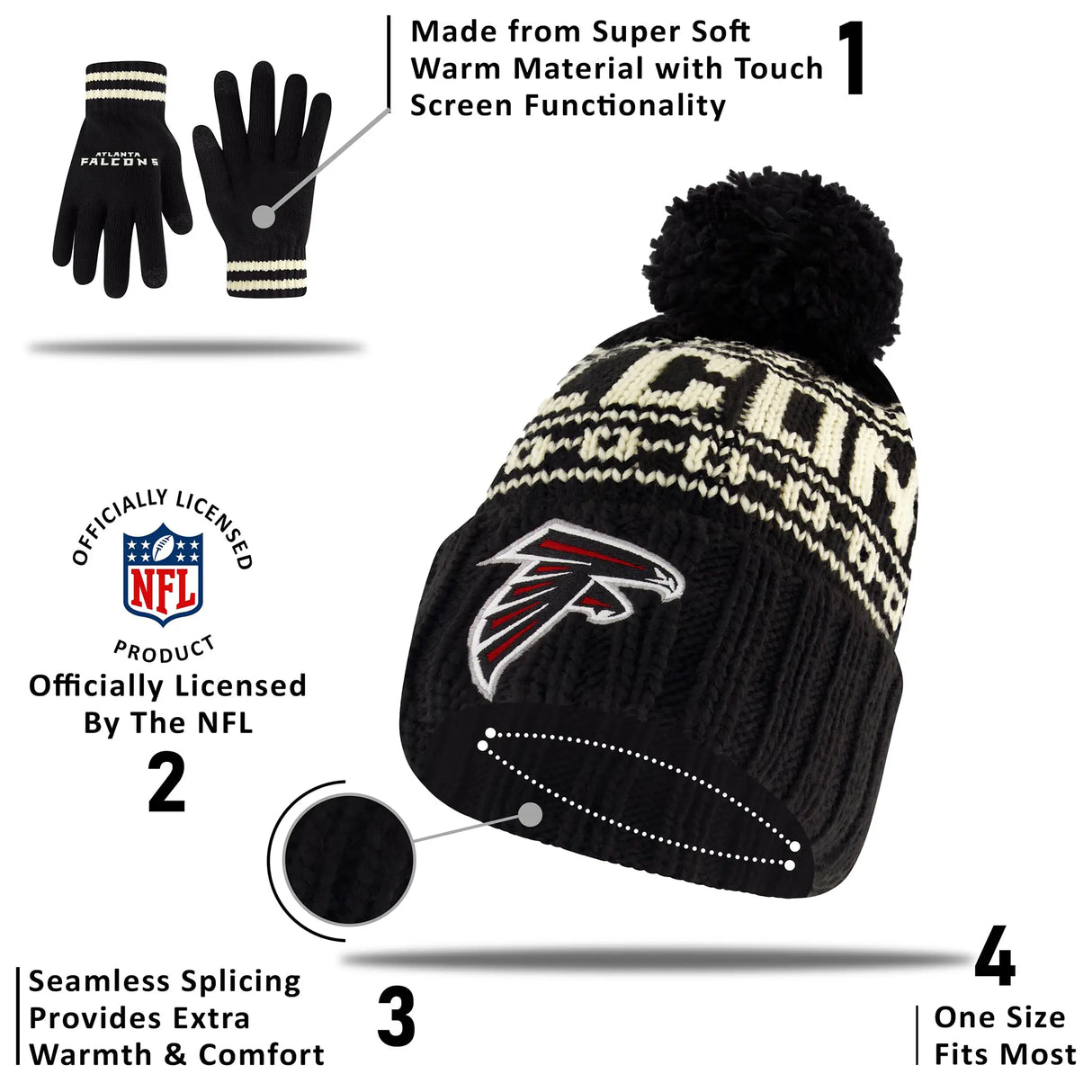 Ultra Game Adults NFL Official Super Soft Cable Knit Winter Beanie Knit Hat with Warm Touch Screen Gloves