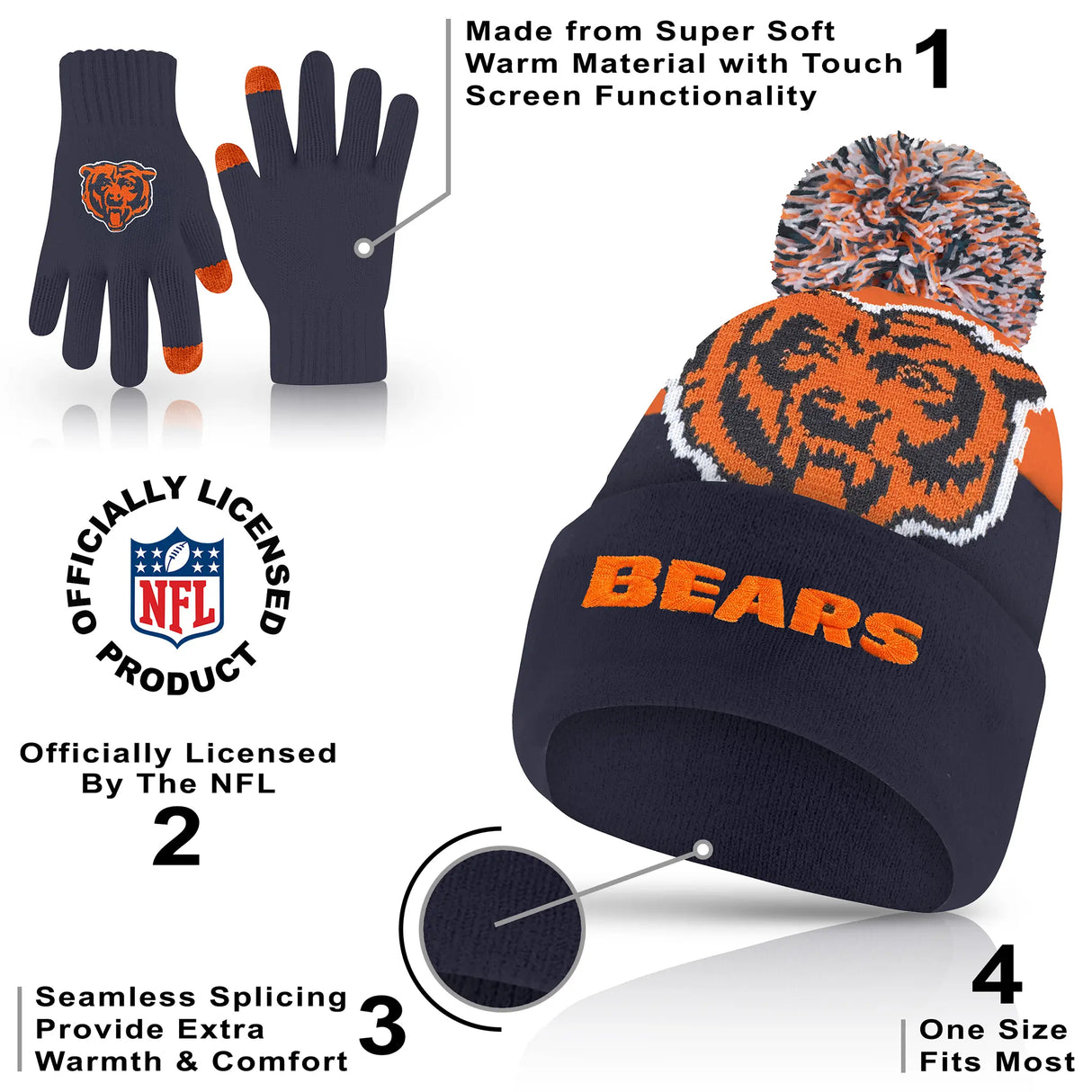 Ultra Game Adults NFL Official Super Soft Winter Beanie Knit Hat With Warm Touch Screen Gloves | Chicago Bears