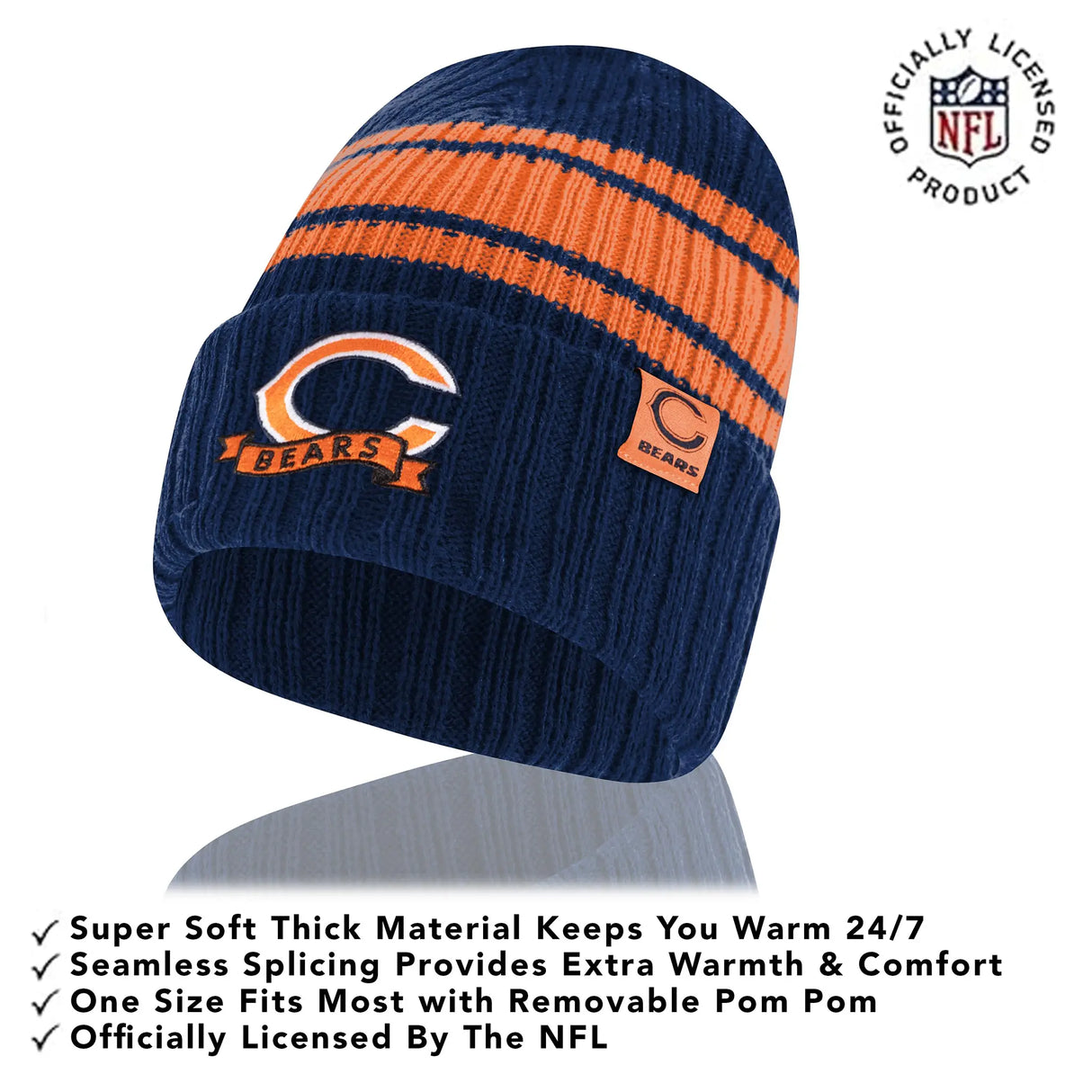 Ultra Game Adults NFL Official Super Soft Team Stripe Winter Beanie Knit Hat with Extra Warm Touch Screen Gloves | Chicago Bears
