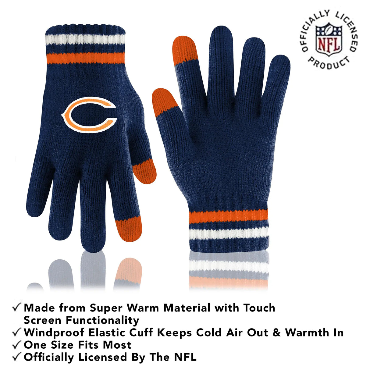 Ultra Game Adults NFL Official Super Soft Team Stripe Winter Beanie Knit Hat with Extra Warm Touch Screen Gloves