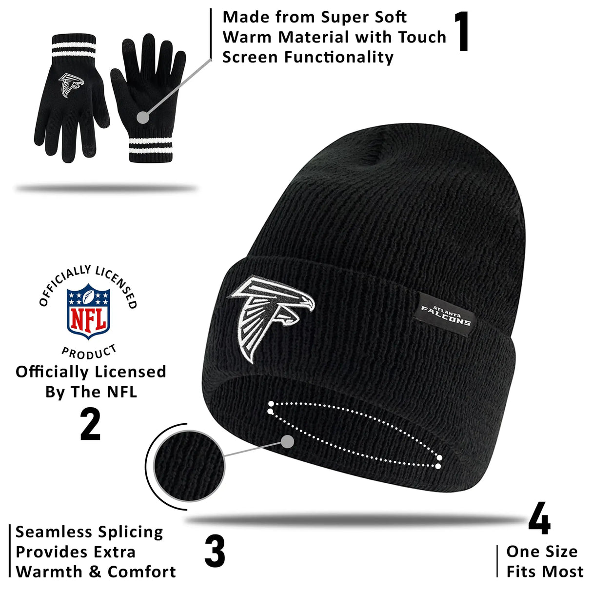 Ultra Game Adults NFL Official Super Soft Marled Winter Beanie Knit Hat With Warm Touch Screen Gloves