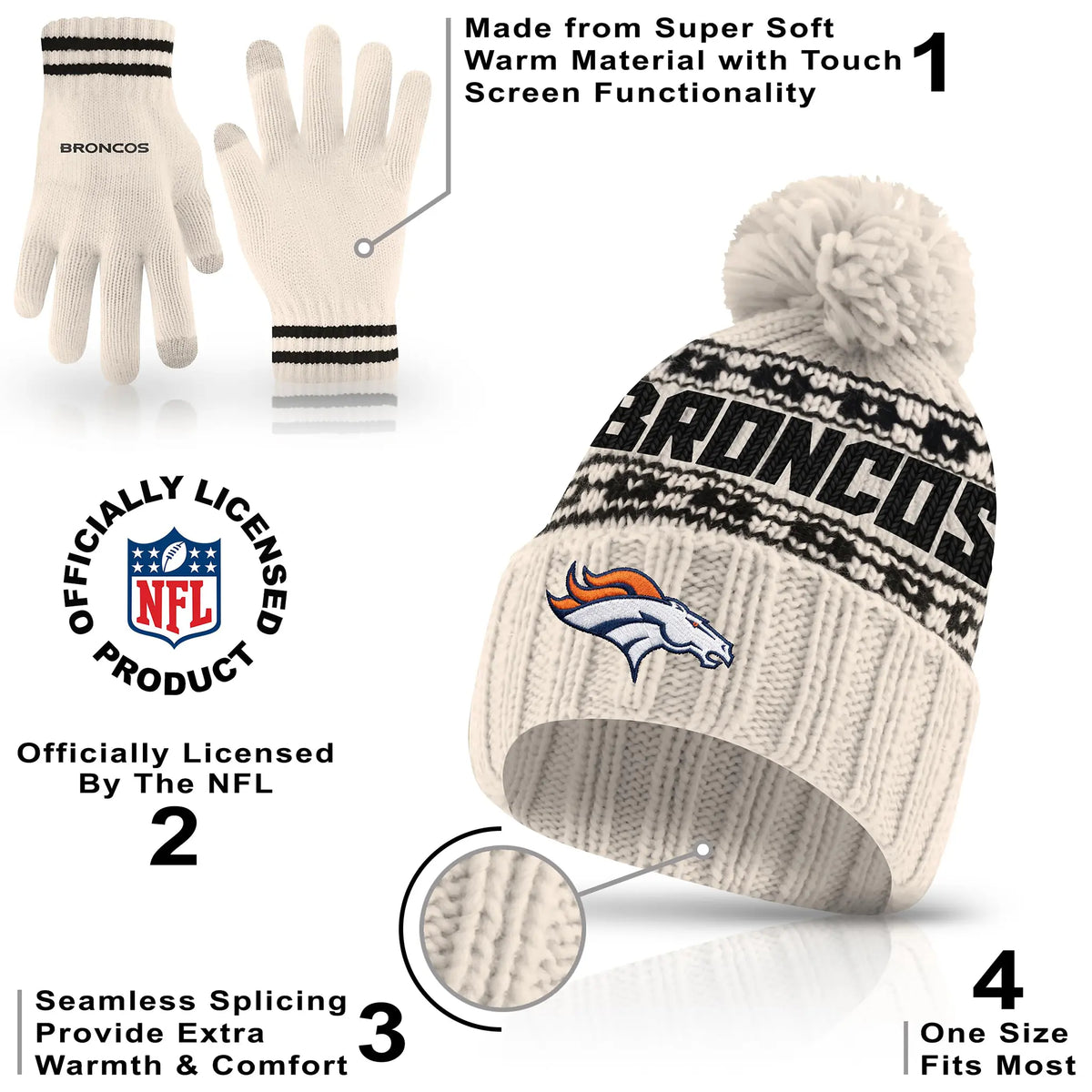 Ultra Game Adults NFL Official Super Soft Cable Knit Winter Beanie Knit Hat with Warm Touch Screen Gloves | Denver Broncos