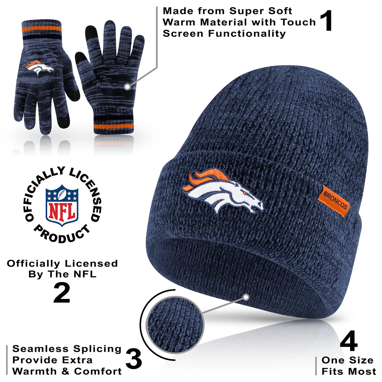 Ultra Game Adults NFL Official Super Soft Marl Knit Winter Beanie Knit Hat with Extra Warm Touch Screen Gloves