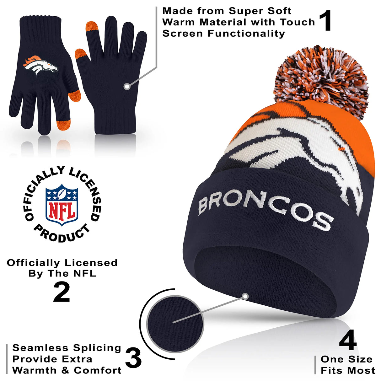 Ultra Game Adults NFL Official Super Soft Winter Beanie Knit Hat With Warm Touch Screen Gloves | Denver Broncos