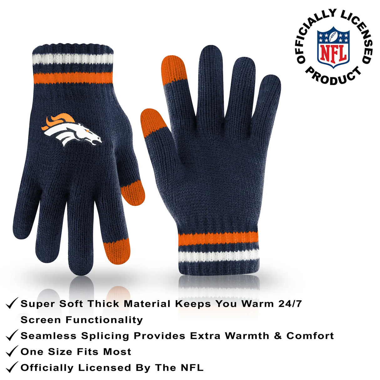 Ultra Game Adults NFL Official Super Soft Team Stripe Winter Beanie Knit Hat with Extra Warm Touch Screen Gloves | Denver Broncos