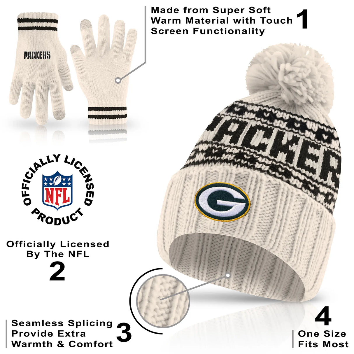 Ultra Game Adults NFL Official Super Soft Cable Knit Winter Beanie Knit Hat with Warm Touch Screen Gloves