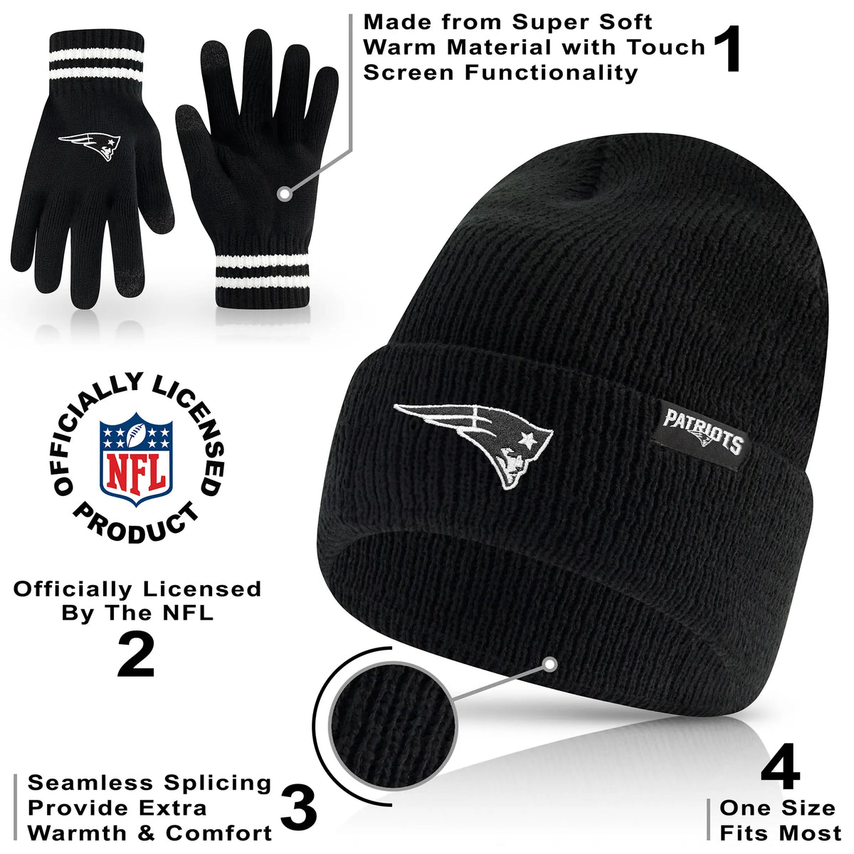 Ultra Game Adults NFL Official Super Soft Marled Winter Beanie Knit Hat With Warm Touch Screen Gloves | New England Patriots