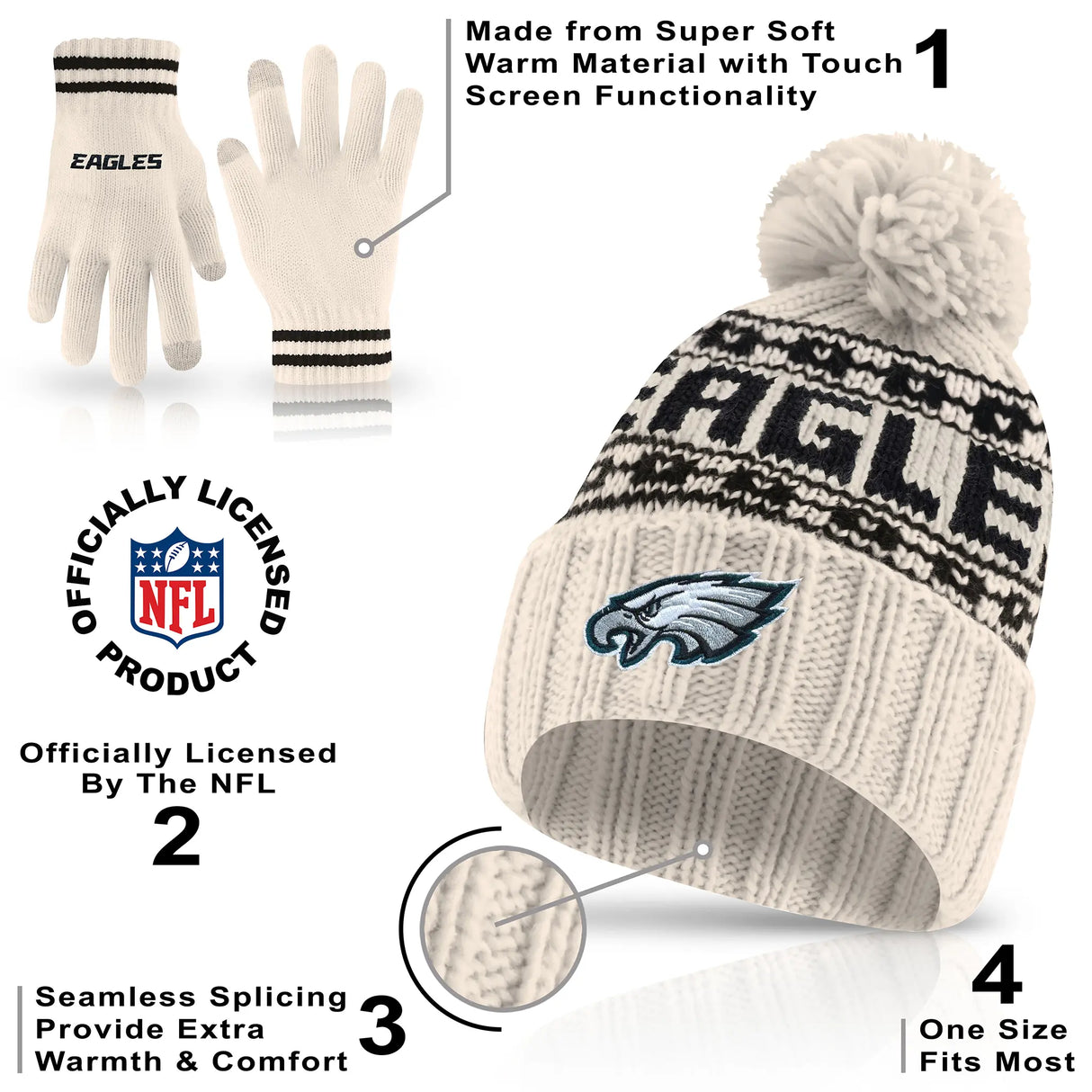 Ultra Game Adults NFL Official Super Soft Cable Knit Winter Beanie Knit Hat with Warm Touch Screen Gloves