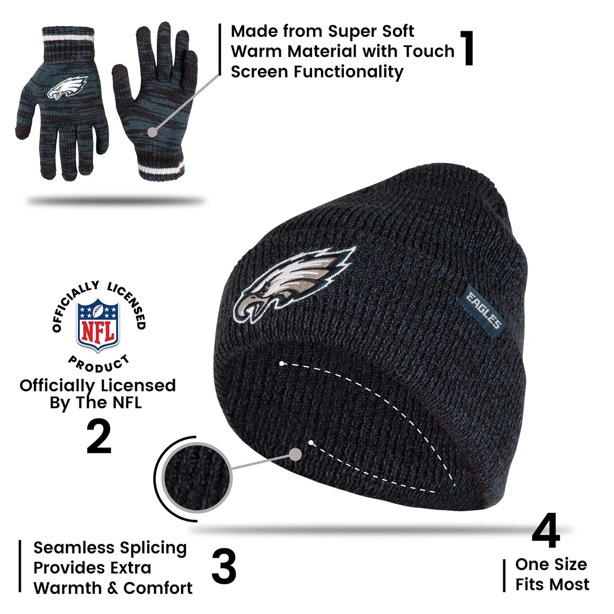 Ultra Game Adults NFL Official Super Soft Marl Knit Winter Beanie Knit Hat with Extra Warm Touch Screen Gloves