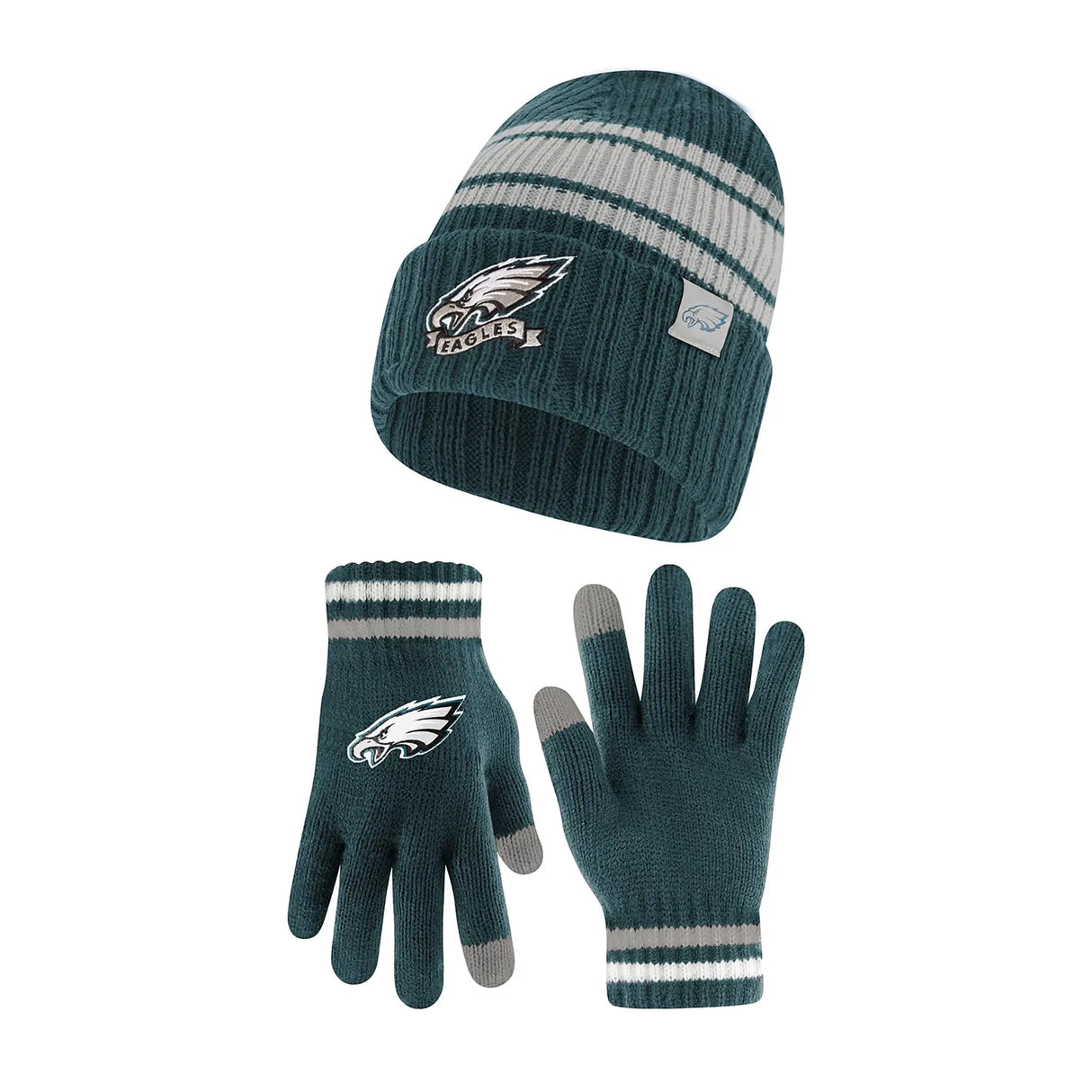 Ultra Game Adults NFL Official Super Soft Team Stripe Winter Beanie Knit Hat with Extra Warm Touch Screen Gloves | Philadelphia Eagles