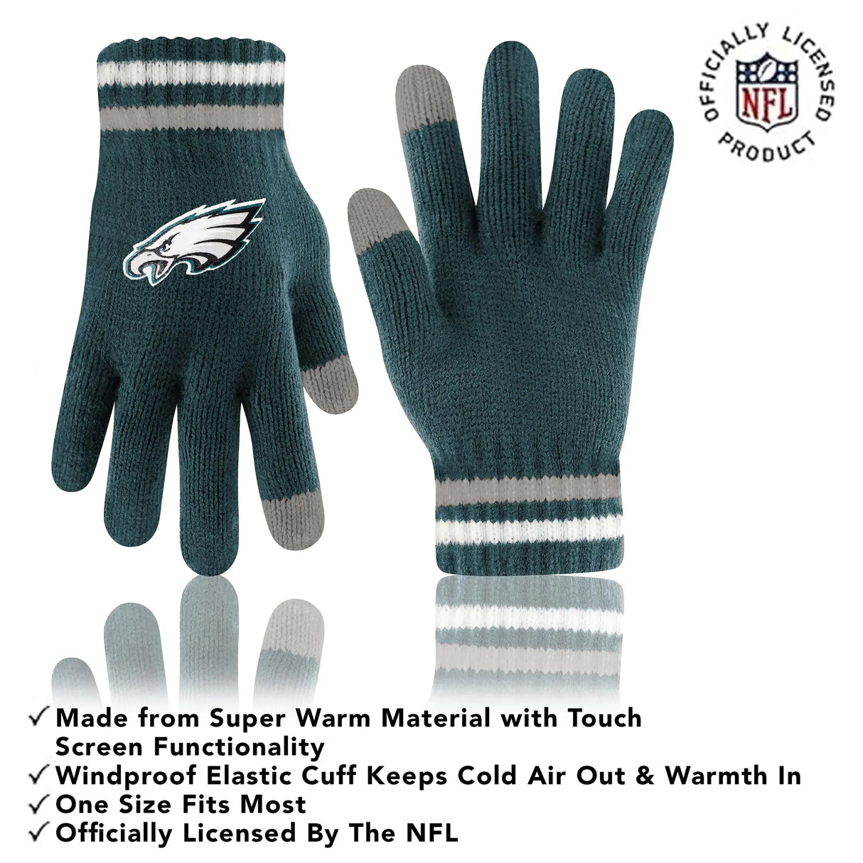 Ultra Game Adults NFL Official Super Soft Team Stripe Winter Beanie Knit Hat with Extra Warm Touch Screen Gloves