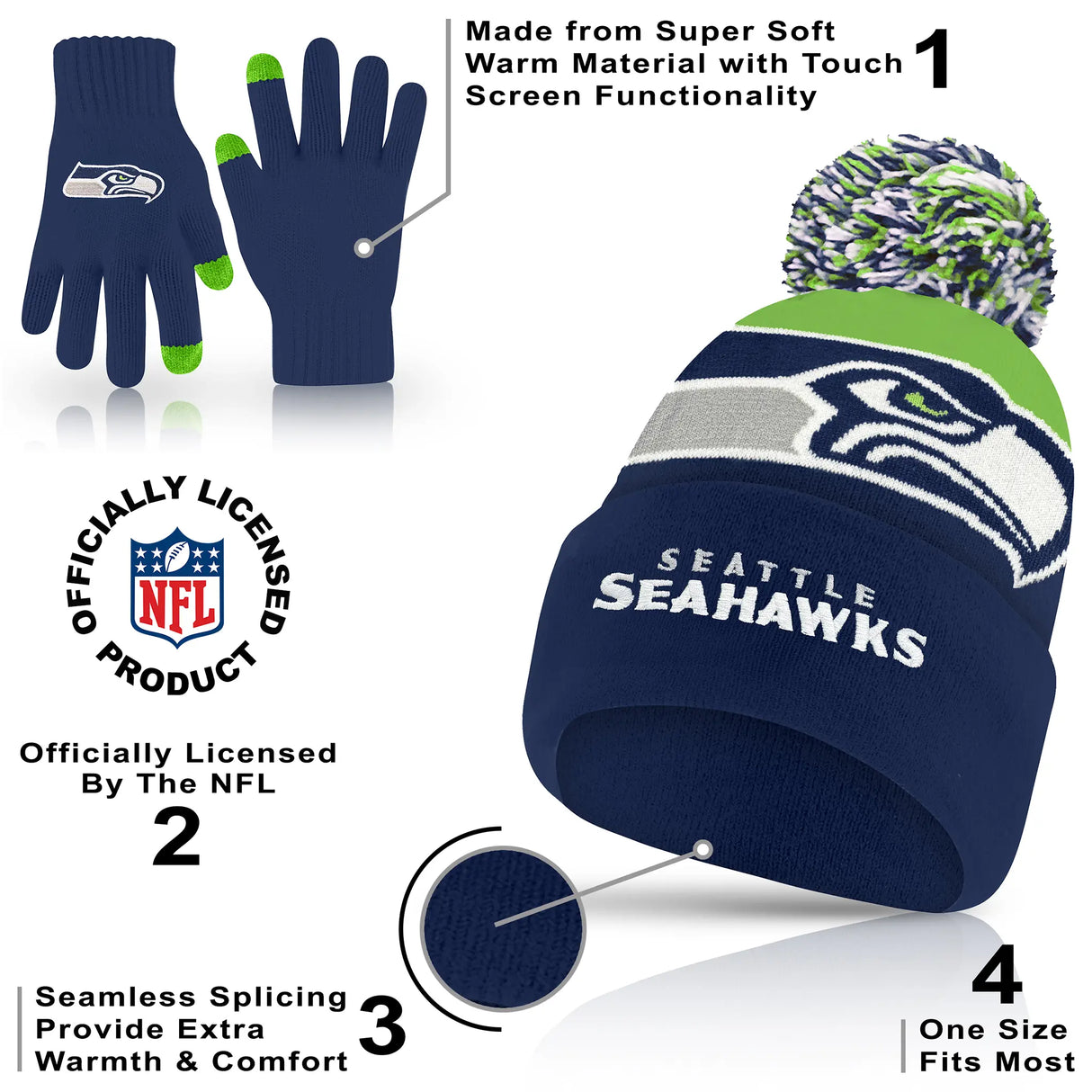 Ultra Game Adults NFL Official Super Soft Winter Beanie Knit Hat With Warm Touch Screen Gloves | Seattle Seahawks