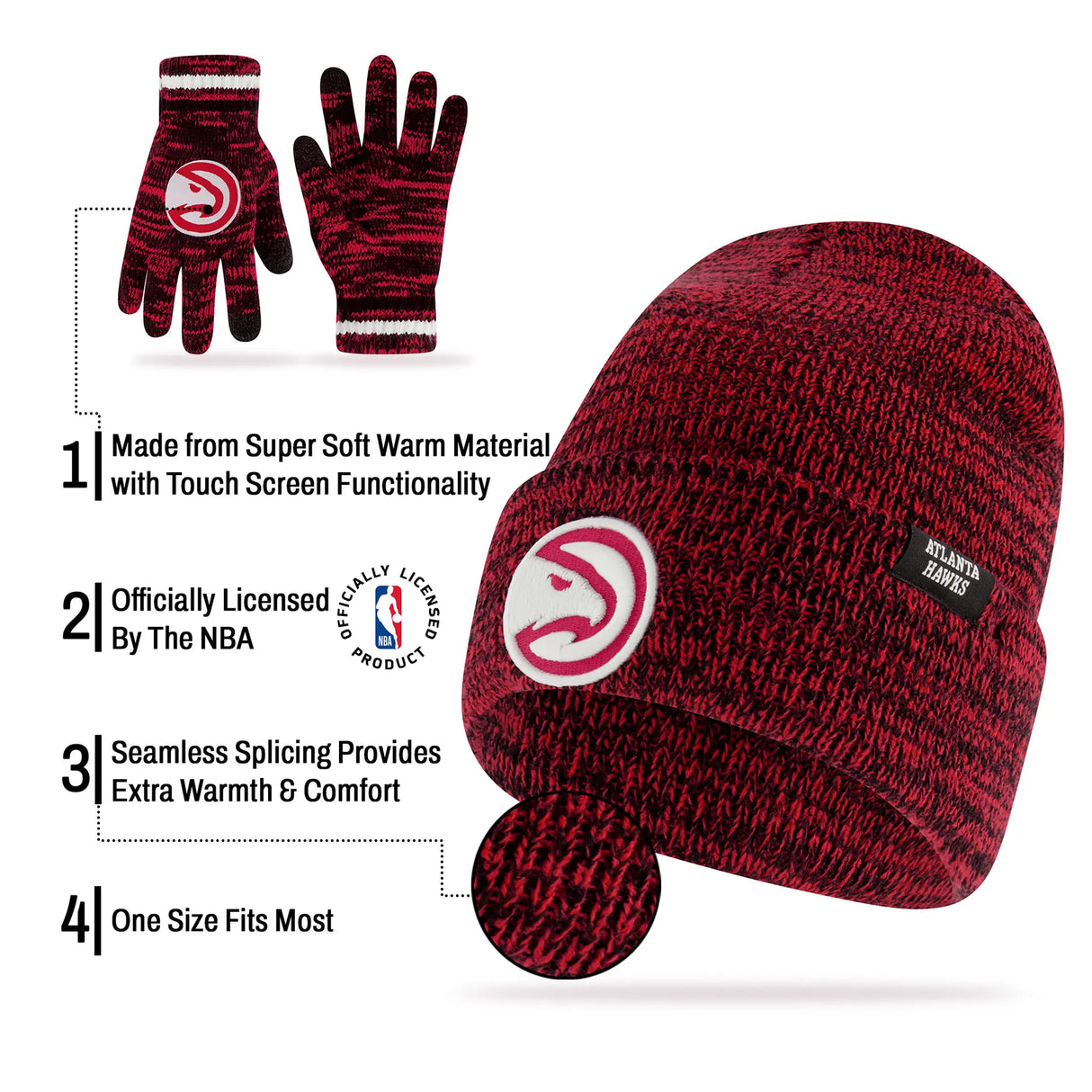Ultra Game Men's NBA Official Super Soft Winter Beanie Knit Hat with Extra Warm Touch Screen Gloves | Atlanta Hawks