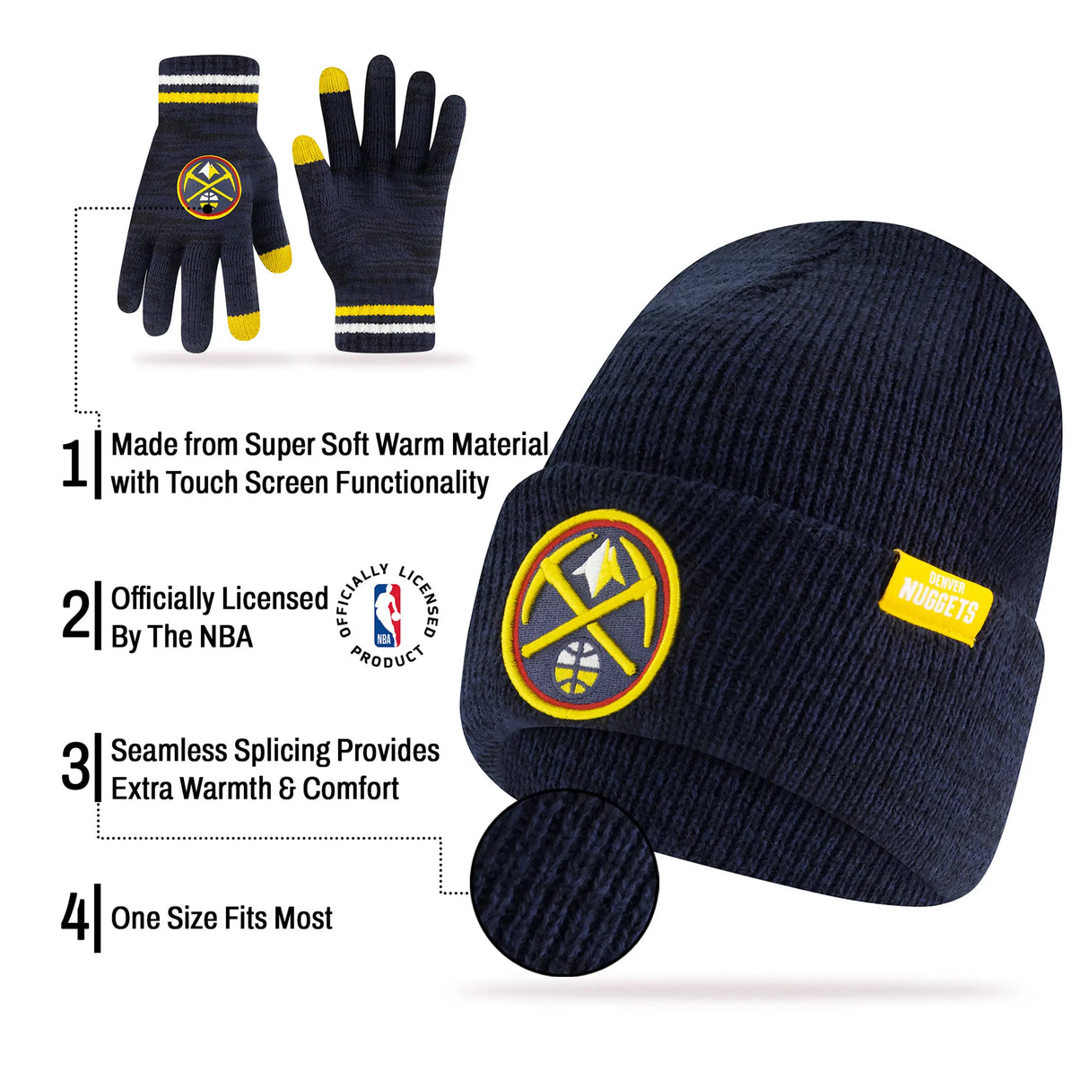 Ultra Game Men's NBA Official Super Soft Winter Beanie Knit Hat with Extra Warm Touch Screen Gloves | Denver Nuggets