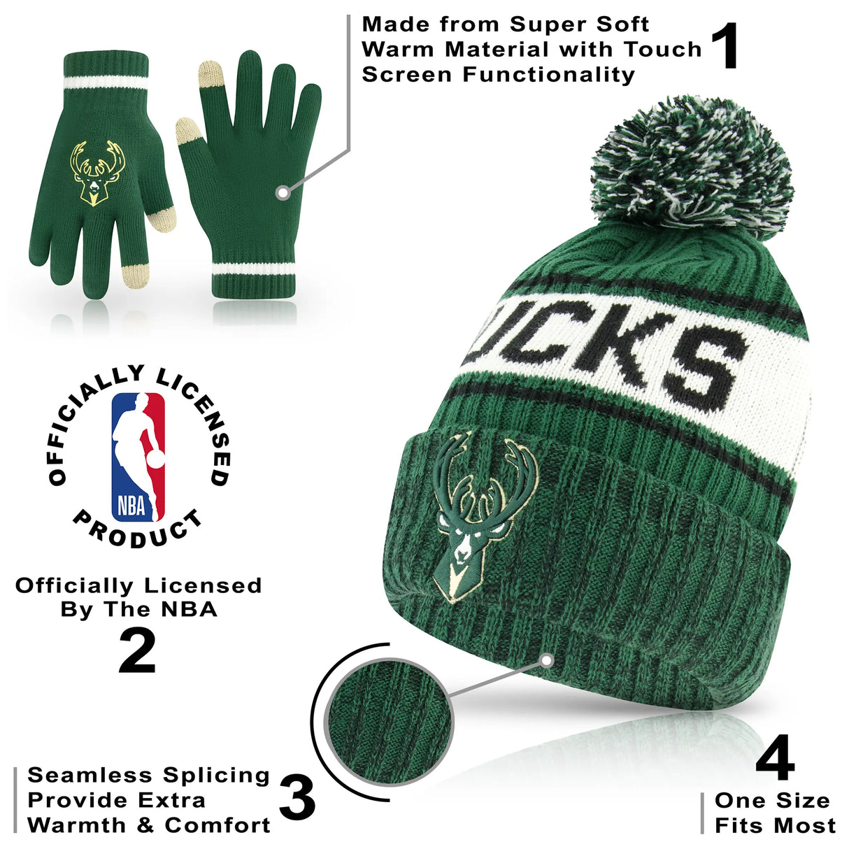 Ultra Game Men's NBA Official Super Soft Winter Beanie Hat with Extra Warm Touch Screen Gloves | Milwaukee Bucks