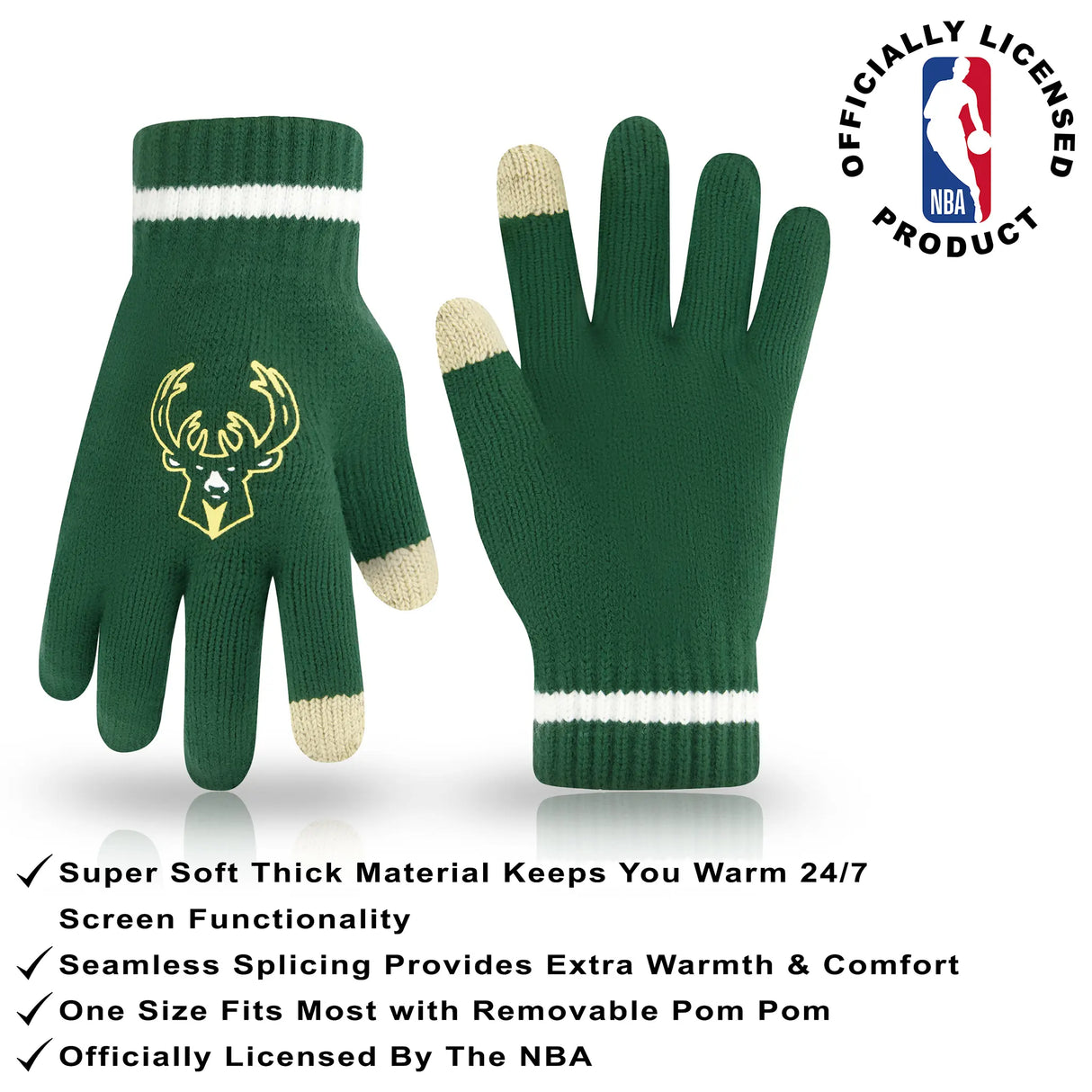 Ultra Game Men's NBA Official Super Soft Winter Beanie Hat with Extra Warm Touch Screen Gloves | Milwaukee Bucks