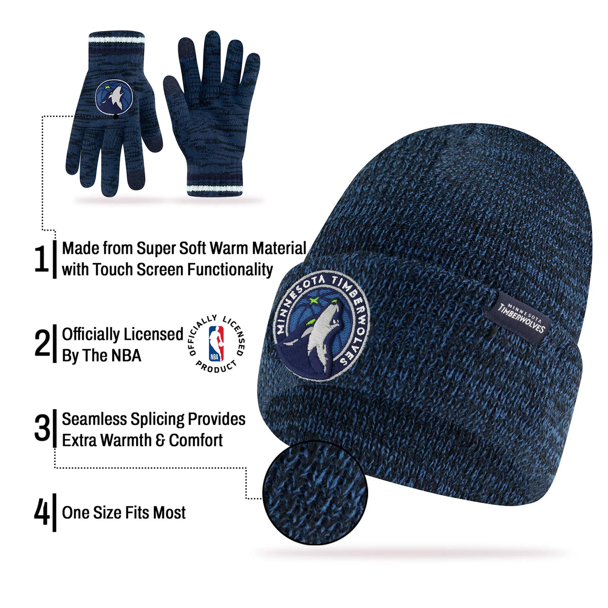 Ultra Game Men's NBA Official Super Soft Winter Beanie Knit Hat with Extra Warm Touch Screen Gloves | Minnesota Timberwolves